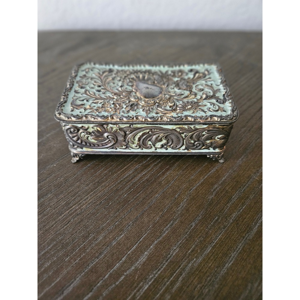 E.G. Webster & Son Trinket Box Women Small Silver Green Victorian Ornate Antique